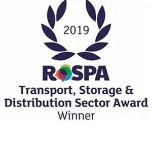ROSPA 2019 Transport, Storage & Distribution Sector Award Winner logo, featuring a dark blue laurel wreath and colorful circular emblem within the ROSPA name.
